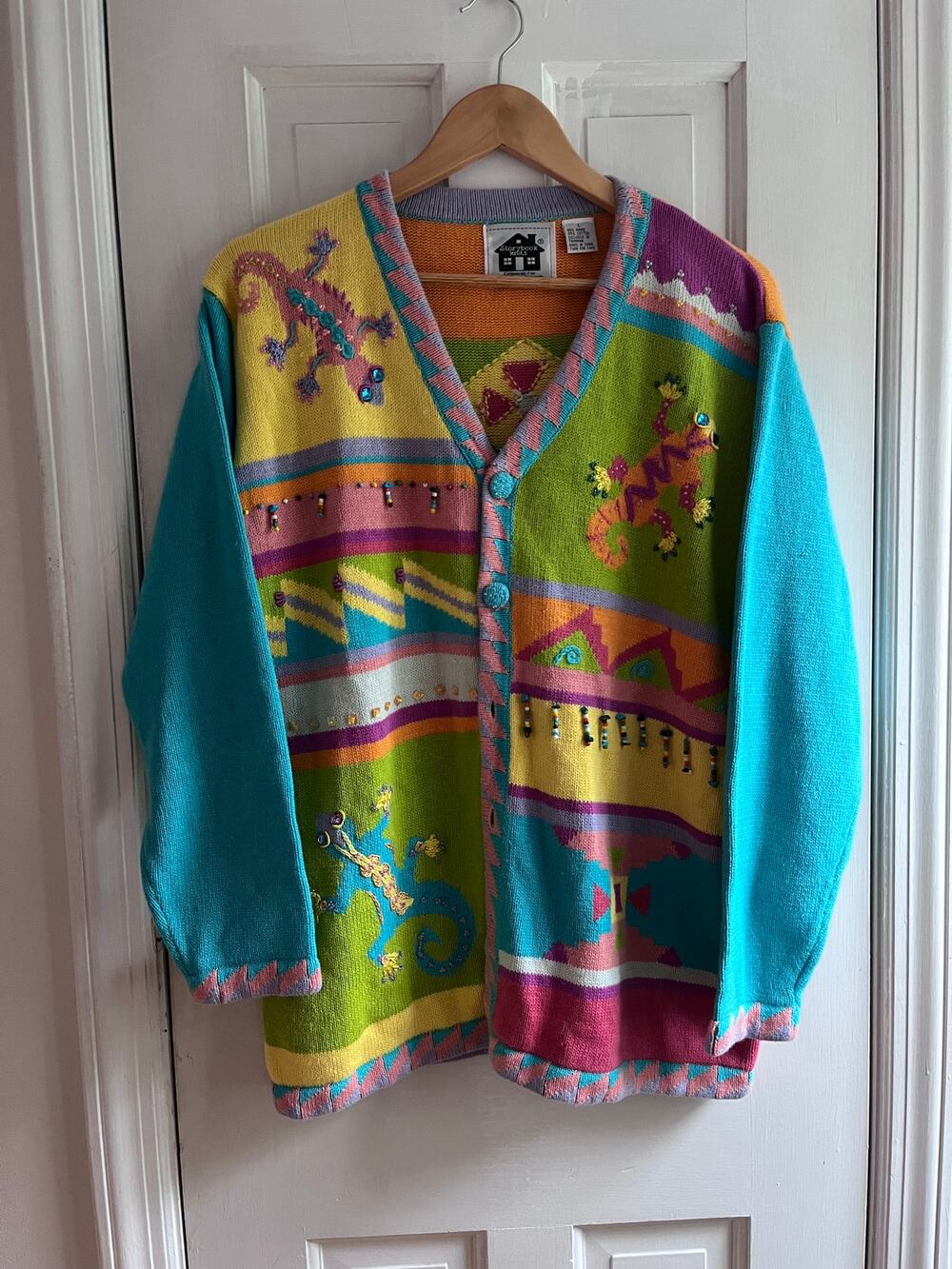 Storybook Knits Colorful Lizard Gecko Vintage Cardigan Sweater Beaded Neon Sz L